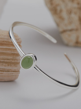 极简时尚彩宝饰品S925纯银镶天然碧玉虎眼蓝白贝手镯直播爆款