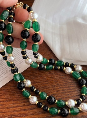 高级感祖母绿色石英颜色天然黑玛瑙施家冷白施家珍珠撞色项链女