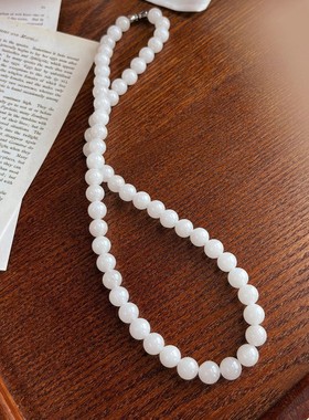 8mm天然和田玉白玉圆珠项链玉石锁骨链送妈妈生日礼物新中式复古