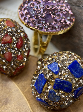 夸张天然不规则原石紫水晶青金绿松石榴石碧玺可调节戒指满25包邮