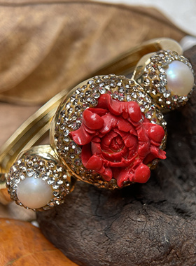复古奢华富贵气红牡丹玫瑰花镶捷克钻开口可调节戒指耳环项链套装
