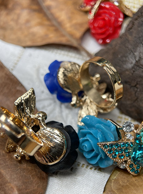 新款时尚甜美玫瑰花镶钻蝴蝶可调个性戒指民族风指环爆款满25包邮