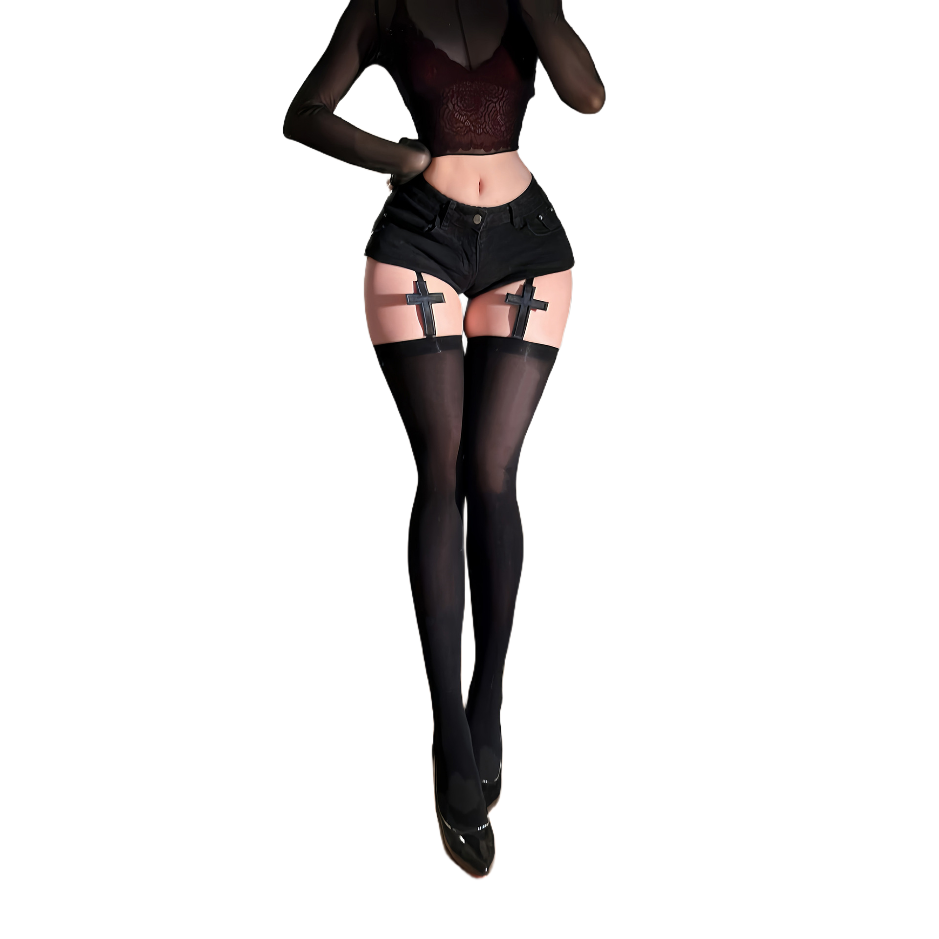 哥特风十字架暗黑系吊带袜薄款朋克性感过膝袜y2K千禧辣妹长筒袜,淘宝优惠券,粉丝福利购,淘宝优惠卷