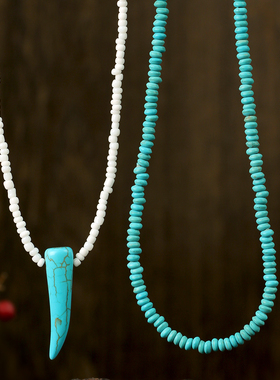 波西米亚风绿松石牛角手工串珠米珠项链女双层叠戴锁骨链个性小众