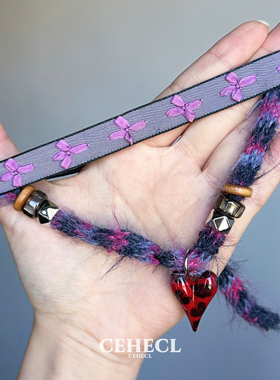 紫色甜酷编织毛线项链女丝带颈链