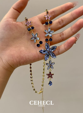 复古微镶水钻锆石紫色花朵项链女