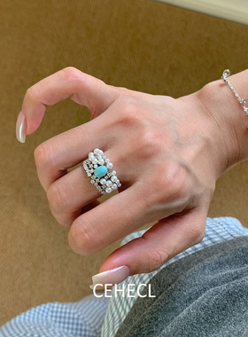 海纹宝石戒指女珍珠闪钻皇冠指环