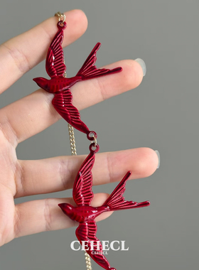 国风复古独特红色燕子项链新中式