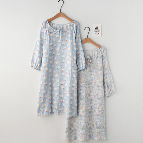 卡通大白鹅睡裙女款春夏季纯棉纱布薄款宽松连衣裙子家居服睡衣 - 图0
