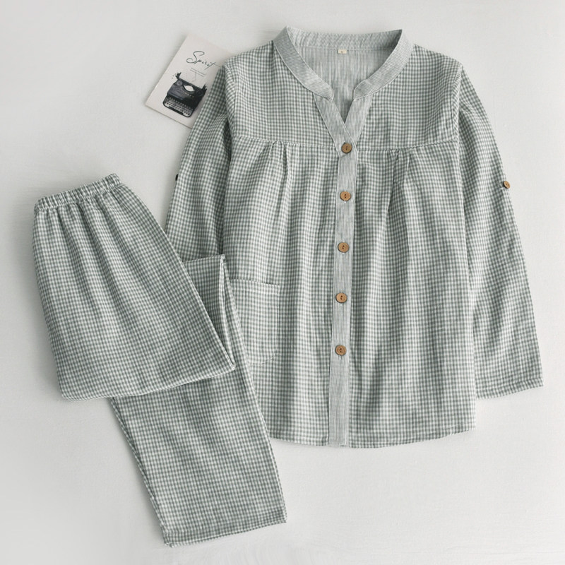 日系千鸟格夏天睡衣女士春秋季色织纯棉纱布薄款长袖家居服套装,淘宝优惠券,粉丝福利购,淘宝优惠卷