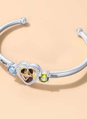 可以放照片手镯定制DIY12月生辰石手镯刻名字女生手饰母亲节礼物