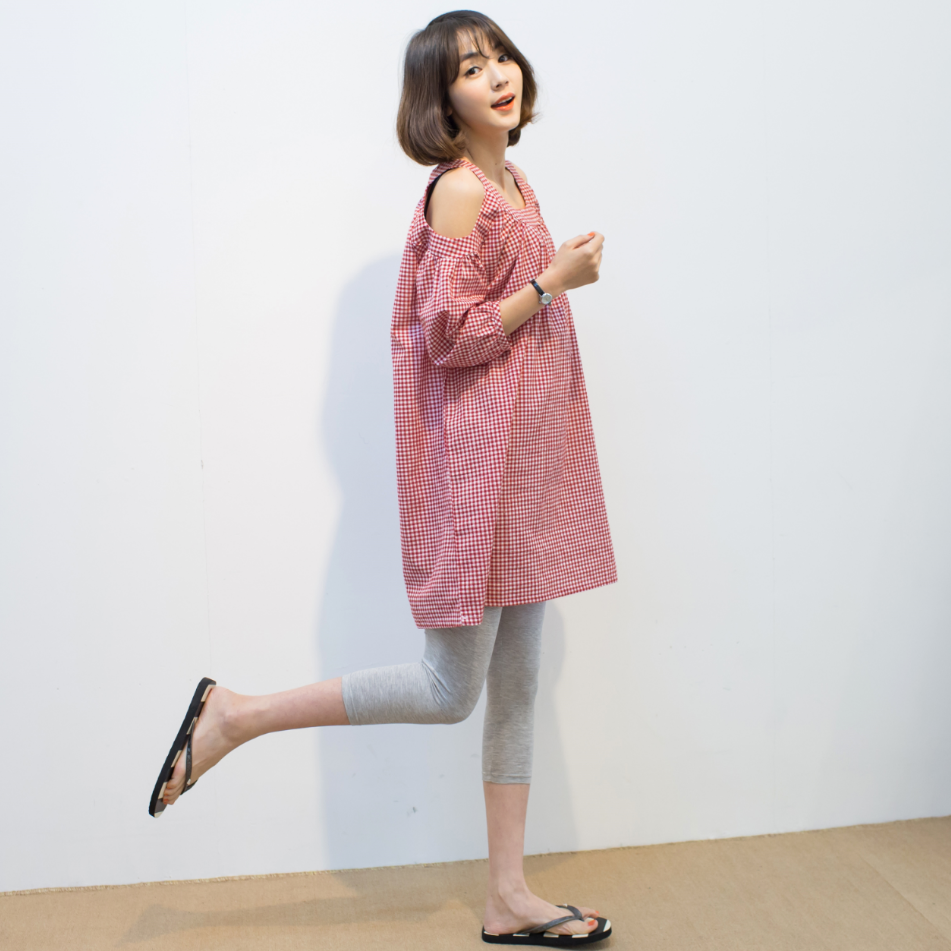 孕婦裝夏裝上衣中長款韓版露肩裙七分袖紅色時尚格子孕婦襯衫裙