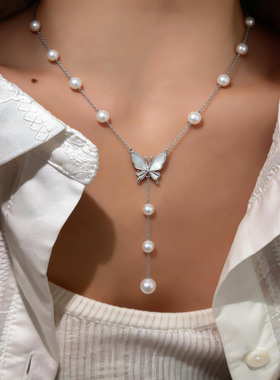 甜美锆石贝母花朵蝴蝶珍珠项链