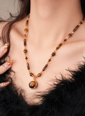 复古几何串珠虎眼石项链毛衣链