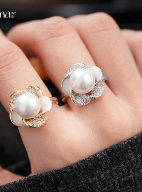 欧美跨境锆石花朵开口珍珠戒指