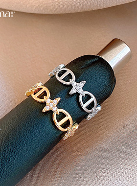 欧美简约锆石椭圆形镂空星星戒指