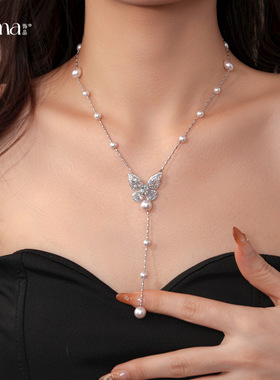 甜美风超仙锆石蝴蝶流苏珍珠项链