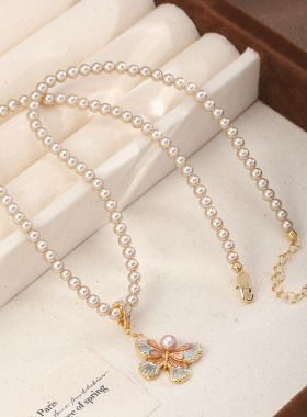油画蝴蝶珍珠项链锁骨链