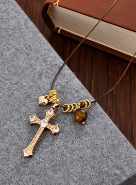 复古风锆石十字架虎眼石吊坠项链