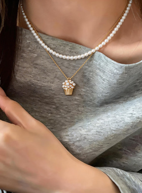 法式复古锆石爆米花花篮珍珠项链