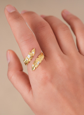 锆石羽毛开口戒指小众个性