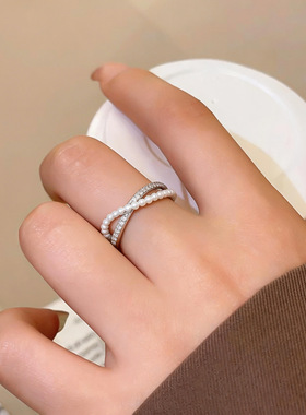 锆石交叉巴洛克珍珠开口戒指