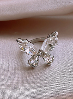 韩版时尚甜美水晶蝴蝶开口戒指女