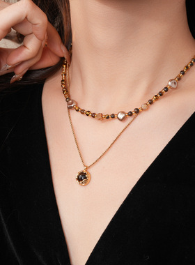 虎眼石玻璃串珠双层项链毛衣链