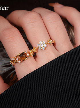 复古精致锆石几何花朵开口戒指