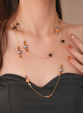 美拉德风双层虎眼石串珠珍珠项链
