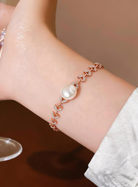 法式复古风玫瑰金锆石珍珠手链