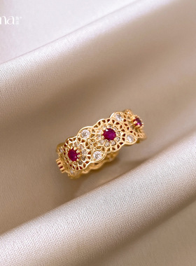 真金电镀锆石镂空花朵戒指