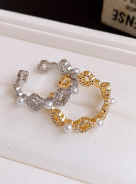 18k真金电镀锆石花朵珍珠戒指