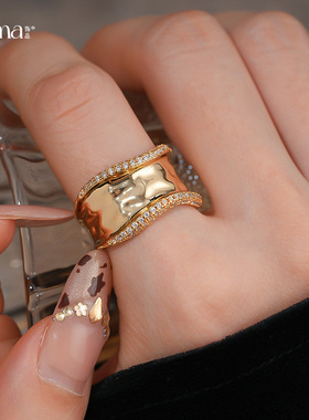 欧美跨境锆石褶皱宽面开口戒指