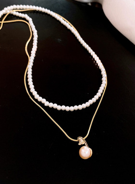 锆石双层珍珠项链轻奢小众毛衣链