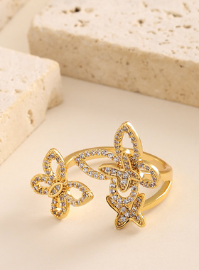 甜美满钻三蝴蝶可调节开口戒指