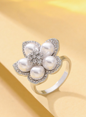镶钻珍珠花瓣可调节开口戒指