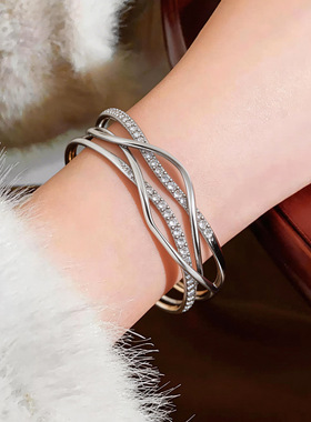 欧美风镶钻多层交叉开口手镯轻奢