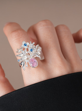 复古风锆石椭圆形花朵开口戒指