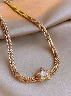 欧美金属风锆石贝母星星链条项链