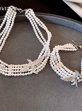 欧美跨境锆石小鸟多层珍珠手链