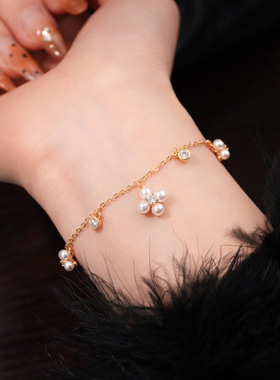 法式甜美锆石花朵吊坠珍珠手链