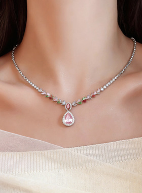 欧美彩色锆石水滴麦穗项链锁骨链