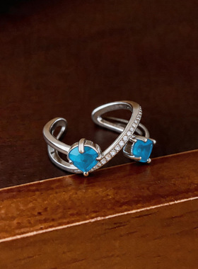 海盐蓝色锆石镂空交叉开口戒指