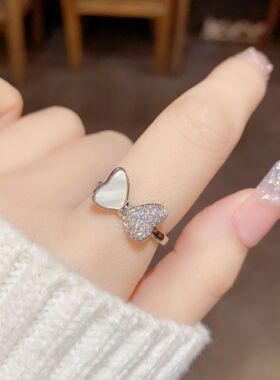 日韩时尚甜美气质贝壳蝴蝶结戒指网红款小众设计复古潮流食指戒女