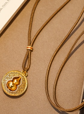 设计师古法金色如意圆盘吊坠项链