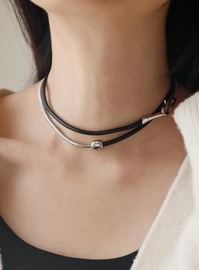 重工高品质牛皮黑绳拼接蛇骨链