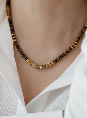 不掉色异形天然虎眼石串珠项链