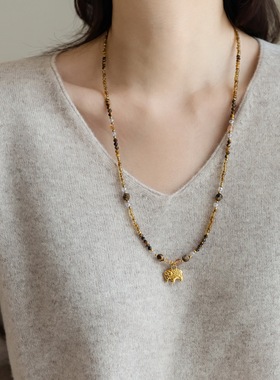 不掉色小象天然石虎眼石长款项链