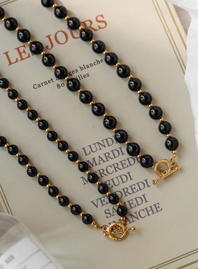 小众复古OT扣天然黑玛瑙串珠项链